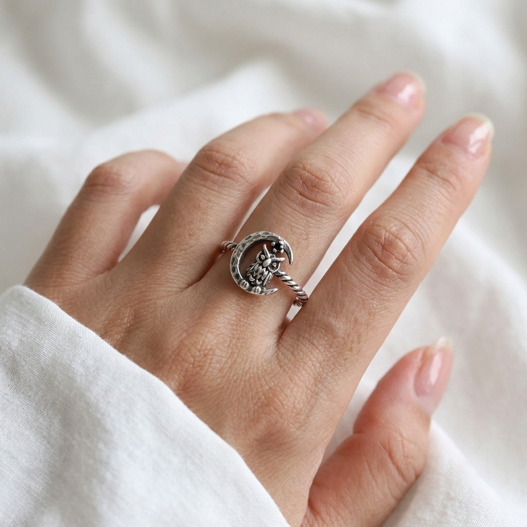 925 Sterling Silver Owl Crescent Moon Ring, Gothic Celestial Nature Jewelry