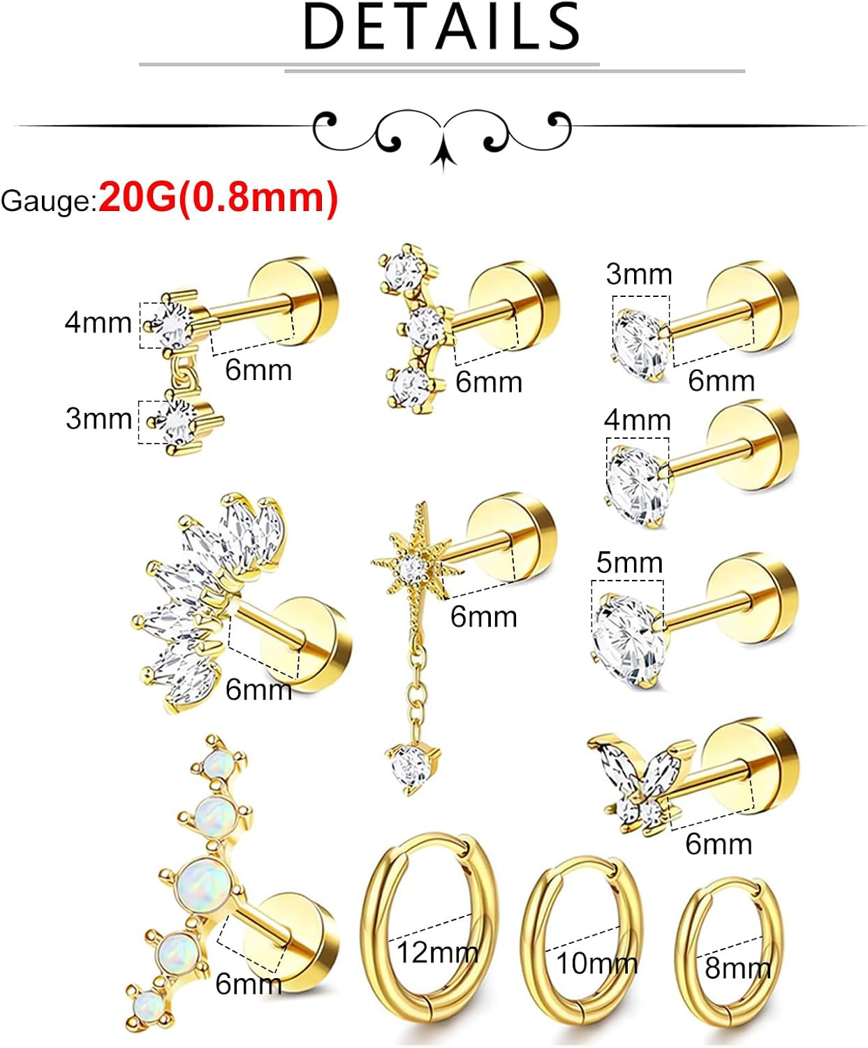 20G Cartilage Piercing Jewelry Flat Back Helix Earrings for Women Hypoallergenic