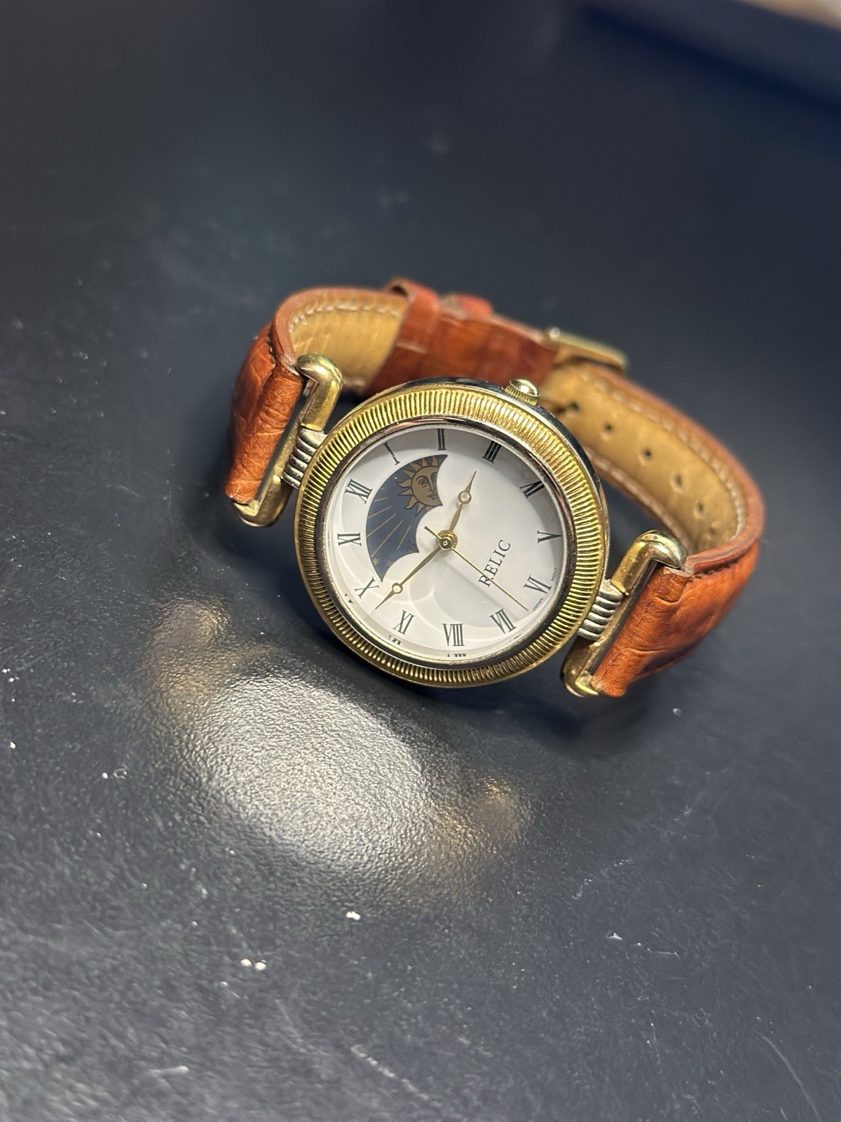 Vintage Relic By Fossil Moon Phase Watch With A Gold Tone Coin Edge Bezel