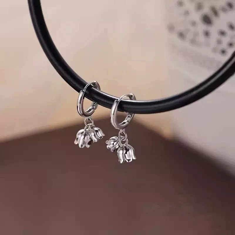 925 Silver Tulip Flower Dangle Huggie Hoop Earrings Floral Drop Earrings 173