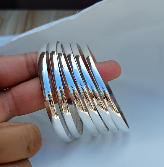 Handmade Sterling Silver Half Round Bangle 7Set – Stackable Woman Bangles Si100