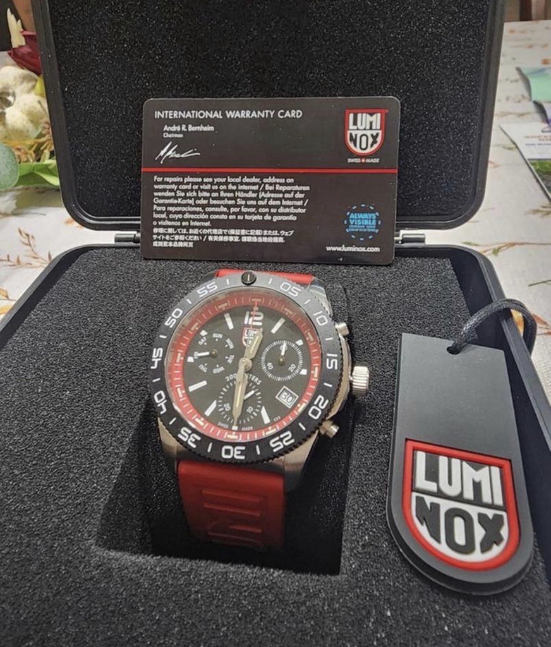 Luminox Swiss Made 44mm Quartz Chronograph Date Black/Red Dial Red Rubber 200m