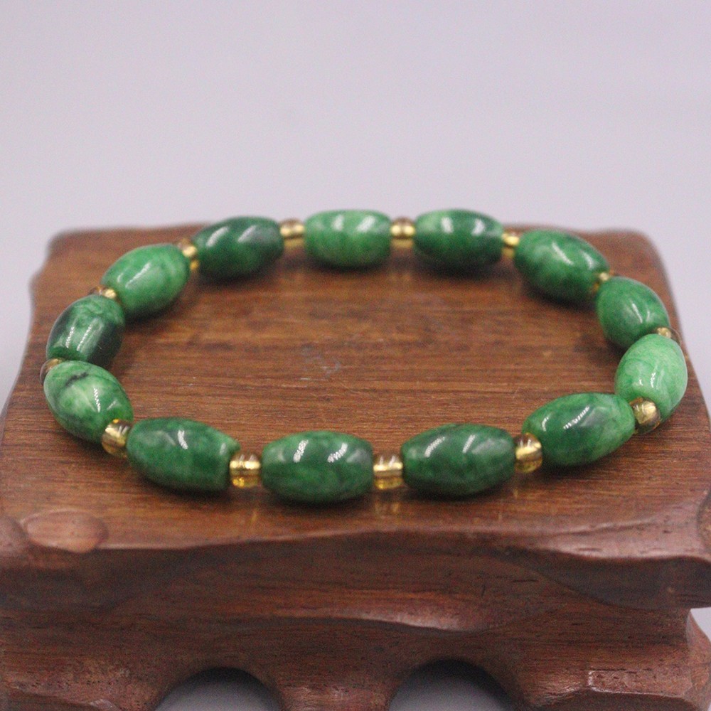 Natural Chinese Green Jade 12mm Oval Bead Bracelet 6.40inch