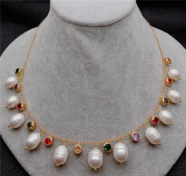 Cultured White Rice Freshwater Pearl Pendant Colorful Pave Chain Necklace