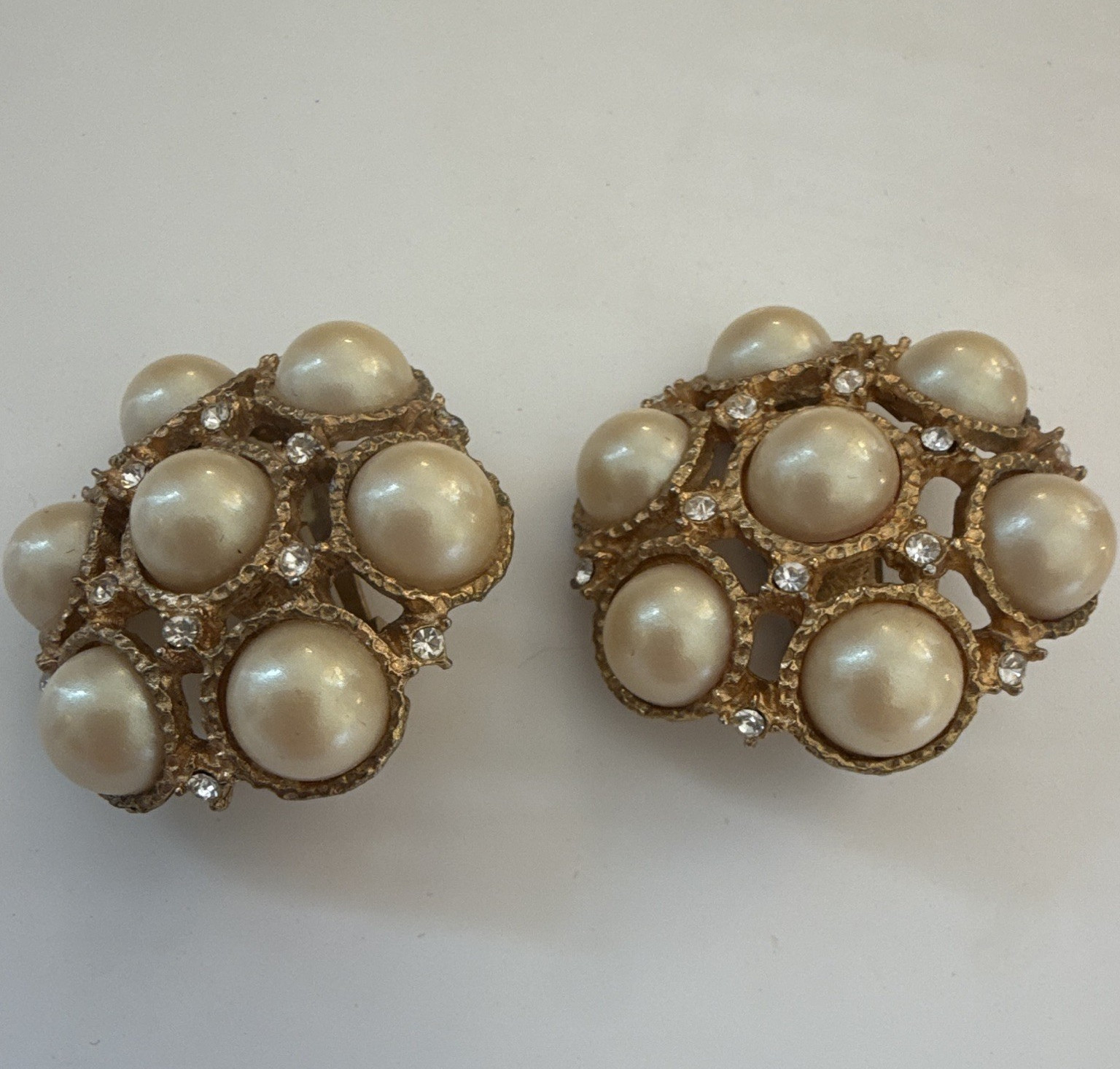 Gold Tone Clip-On Cluster Earrings White Round Simulated Pearls & Rhinestones