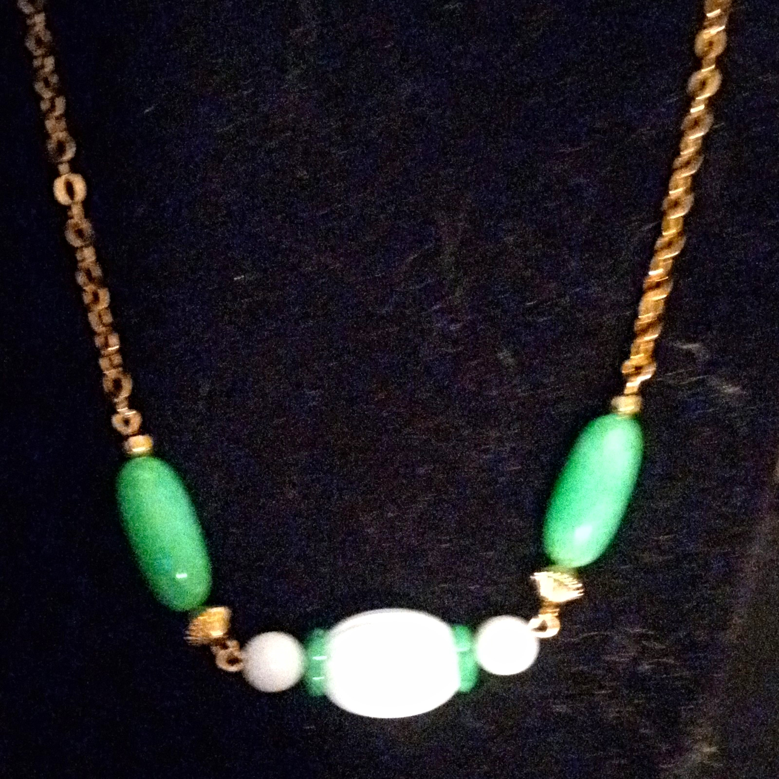 Gold Tone Oval Link Chain Necklace with Green & White Beads, Hook Closure