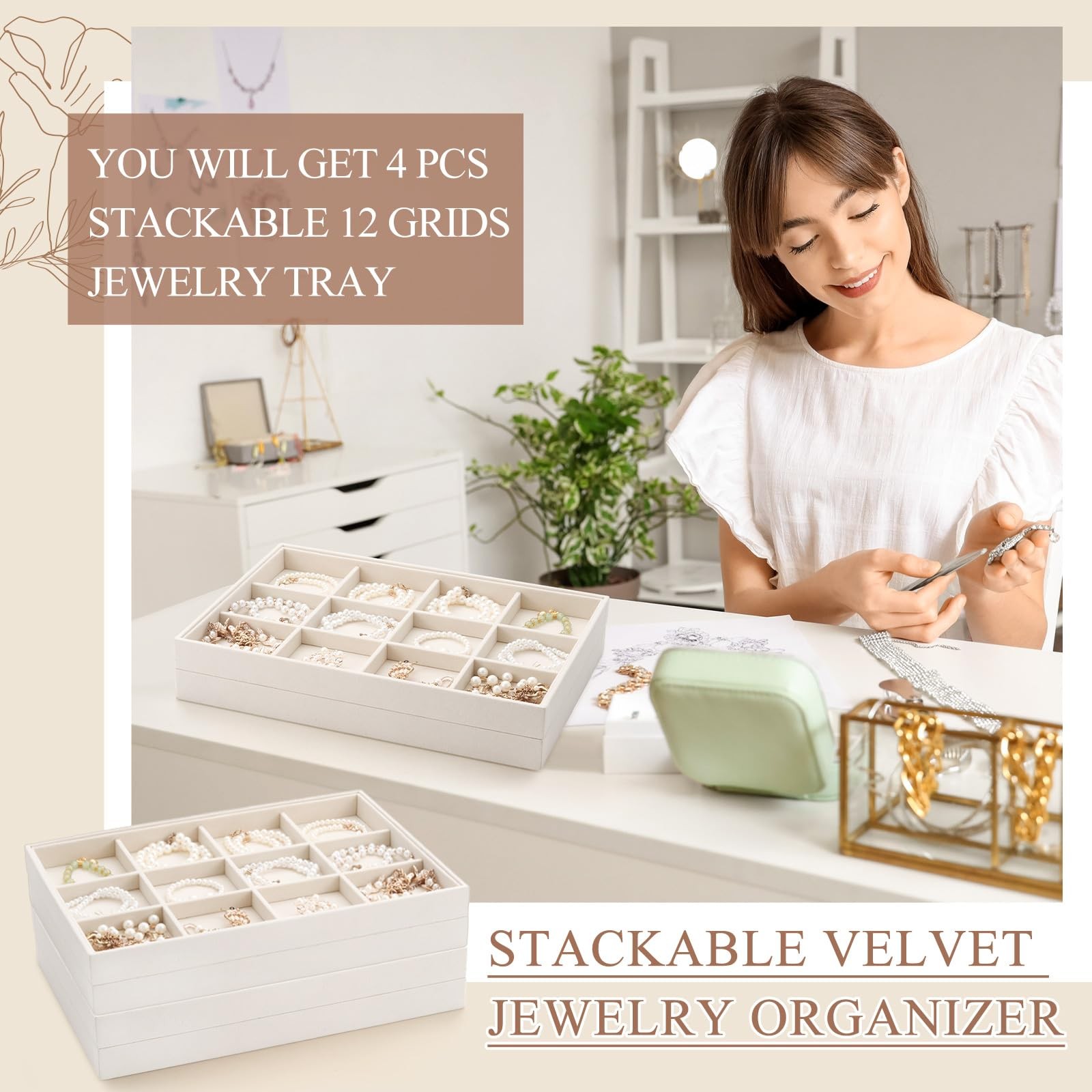 4 Pcs Stackable 12 Grids Jewelry Organizer Tray Velvet bracelet holder Tray S…