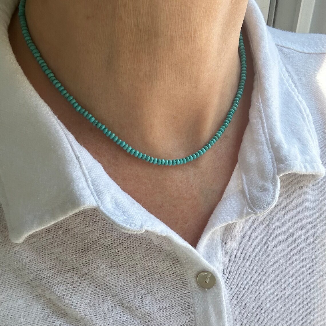 Blue Green Small Seed Bead Arizona Turquoise Necklace, Tiny Delicate Dainty 3mm