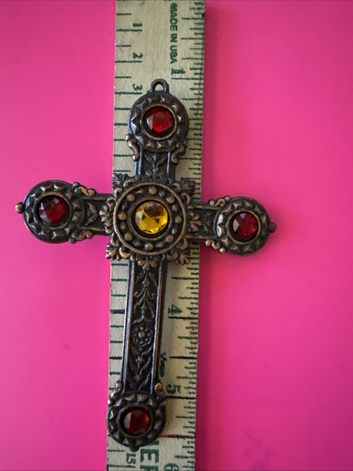 Vintage Brass Red And Yellow Gem Cross – Pendant Or Ornament