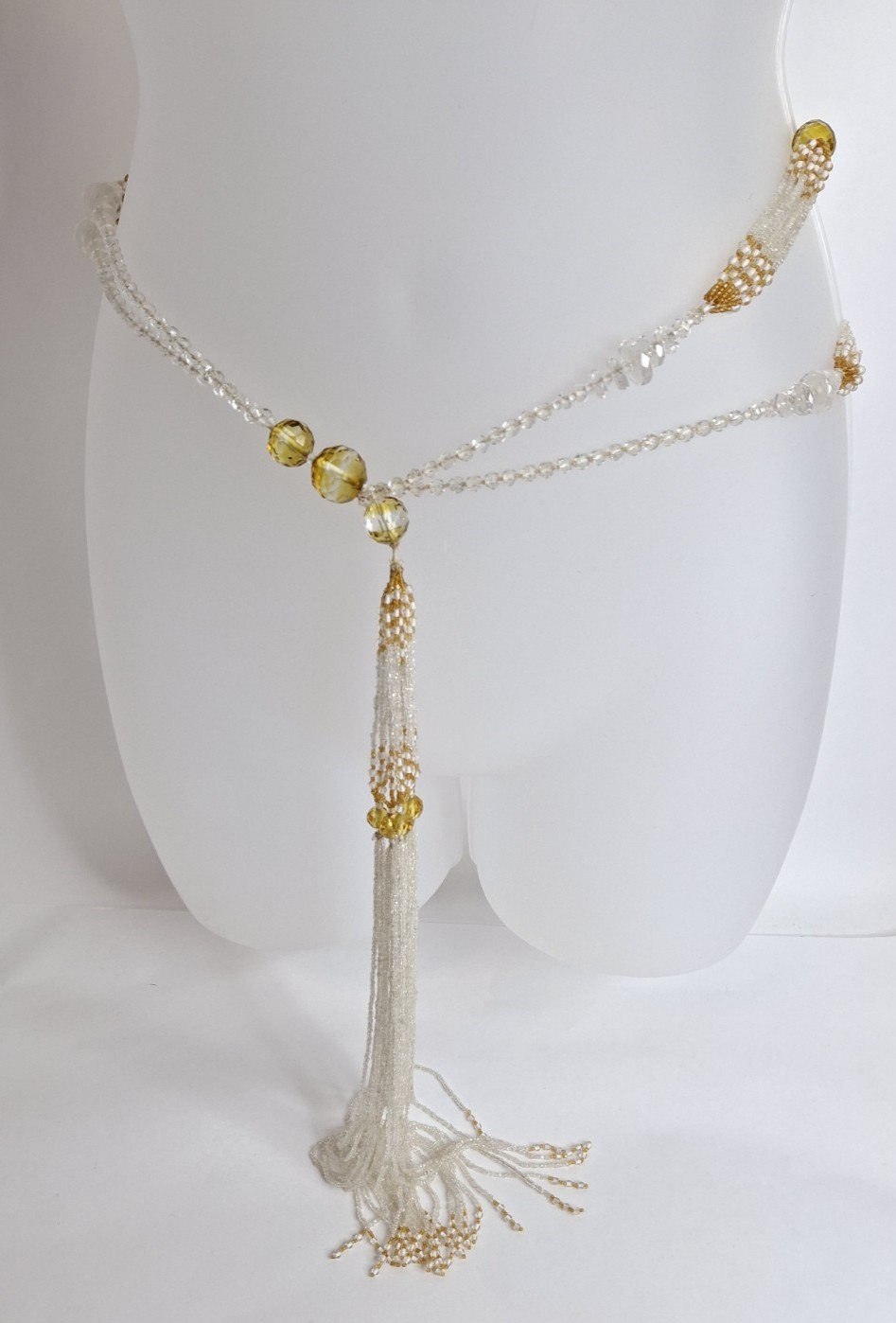 Vintage Glass Bead Sautoir Necklace Clear Flapper Art Deco Tassel Fringe 52”