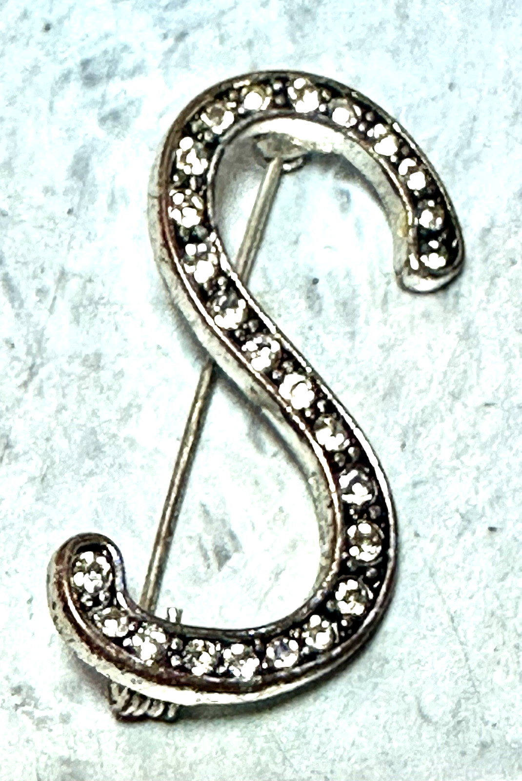 Vintage Clear Rhinestone Initial ‘S’ Silver Toned Brooch/Pin 1″