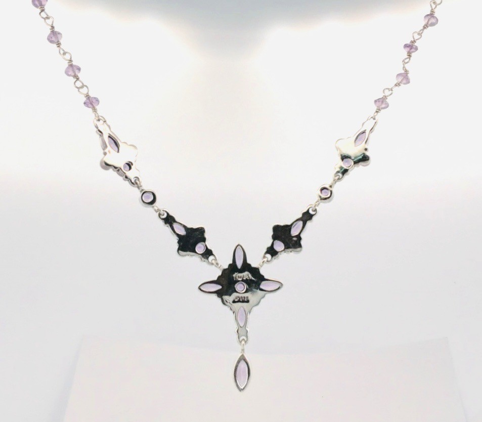 Estate 925 Sterling Silver Amethyst Turquoise Floral Necklace 20″ India Gift