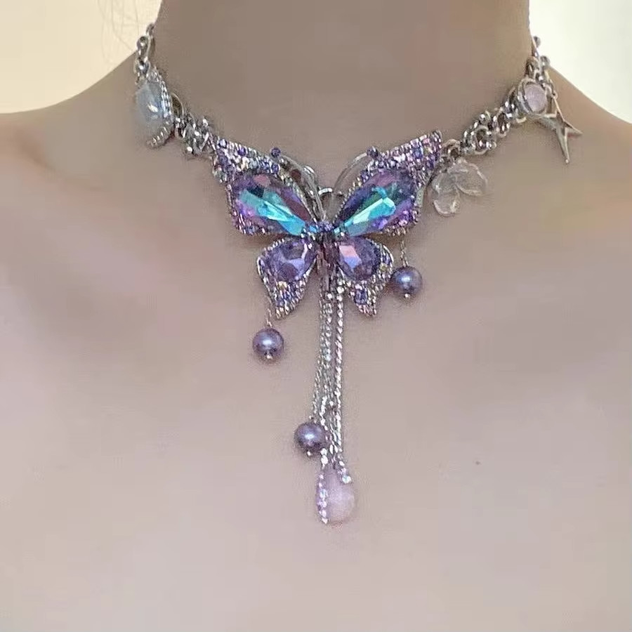 Purple Butterfly Tassel Necklace Vintage Style Statement Pendant Fashion Jewelry