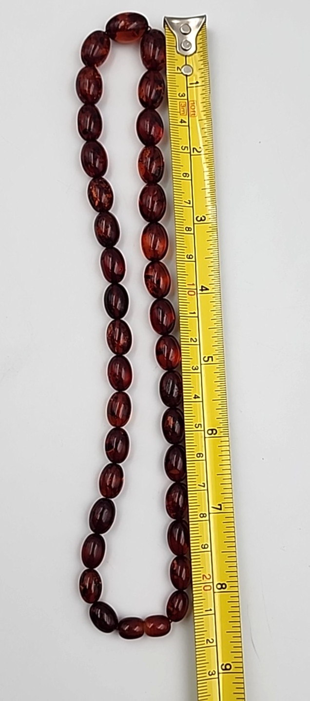 Pressed Amber Oval Bead Necklace Cognac Barrel Clasp 18.5 in Vintage
