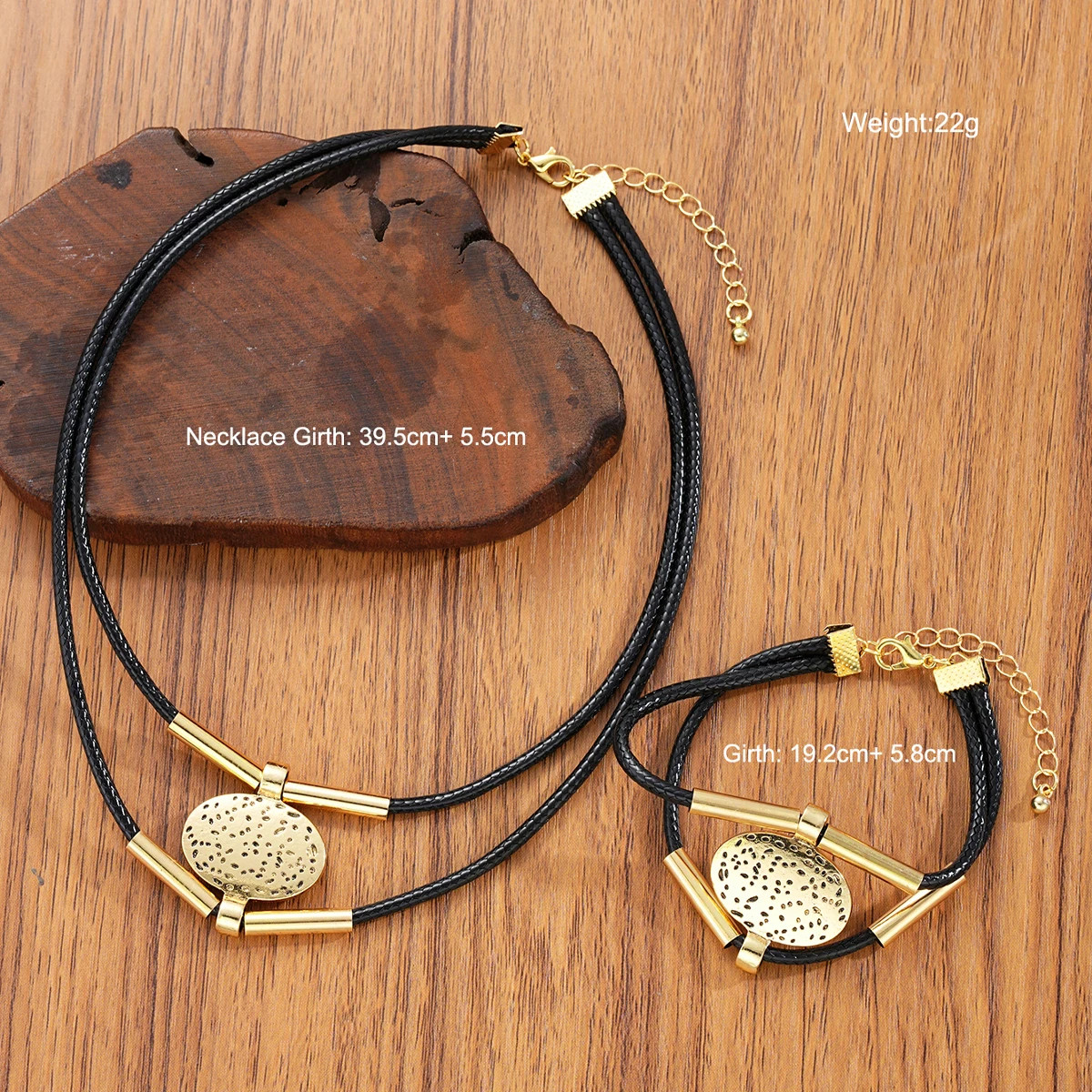 Vintage Oval Metal Faux Leather Necklace Bracelet Fashion Gold Silver Color