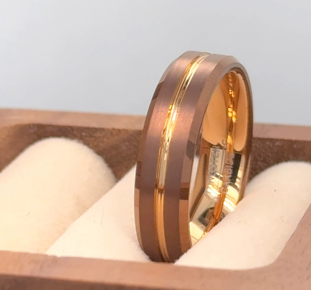 Brown & Rose Gold Tungsten Band Groove Brushed Polished Ring For Valentine Gifts