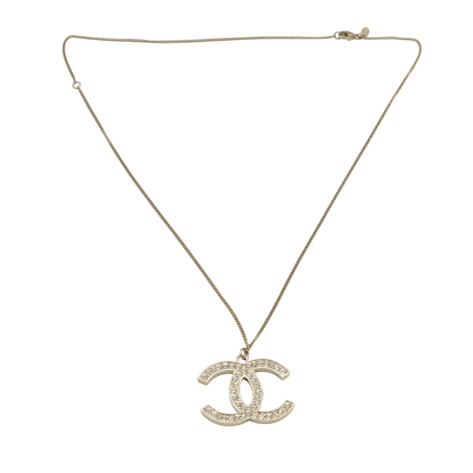 Auth CHANEL Coco Mark CC Logo Rhinestone Pendant Necklace Silver Tone