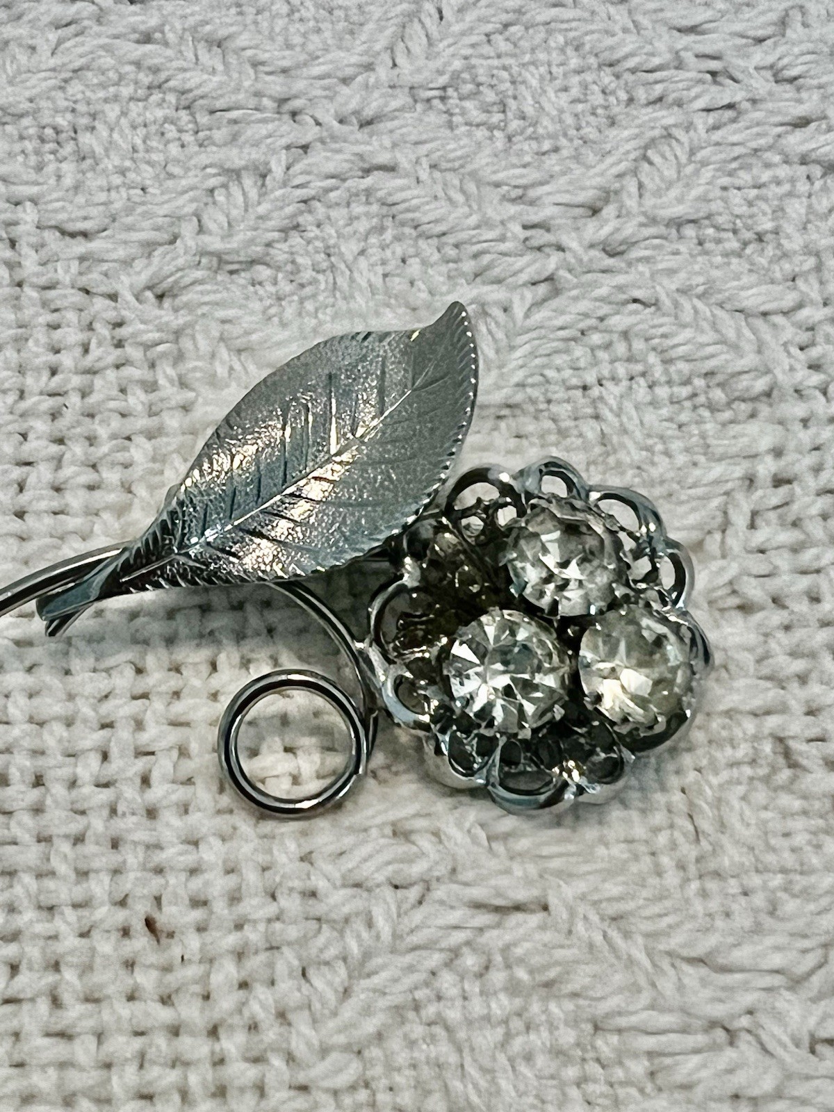 Vintage Crystal Flower Brooch Silver Metal Leaf and Filigree 1 3/4” Long