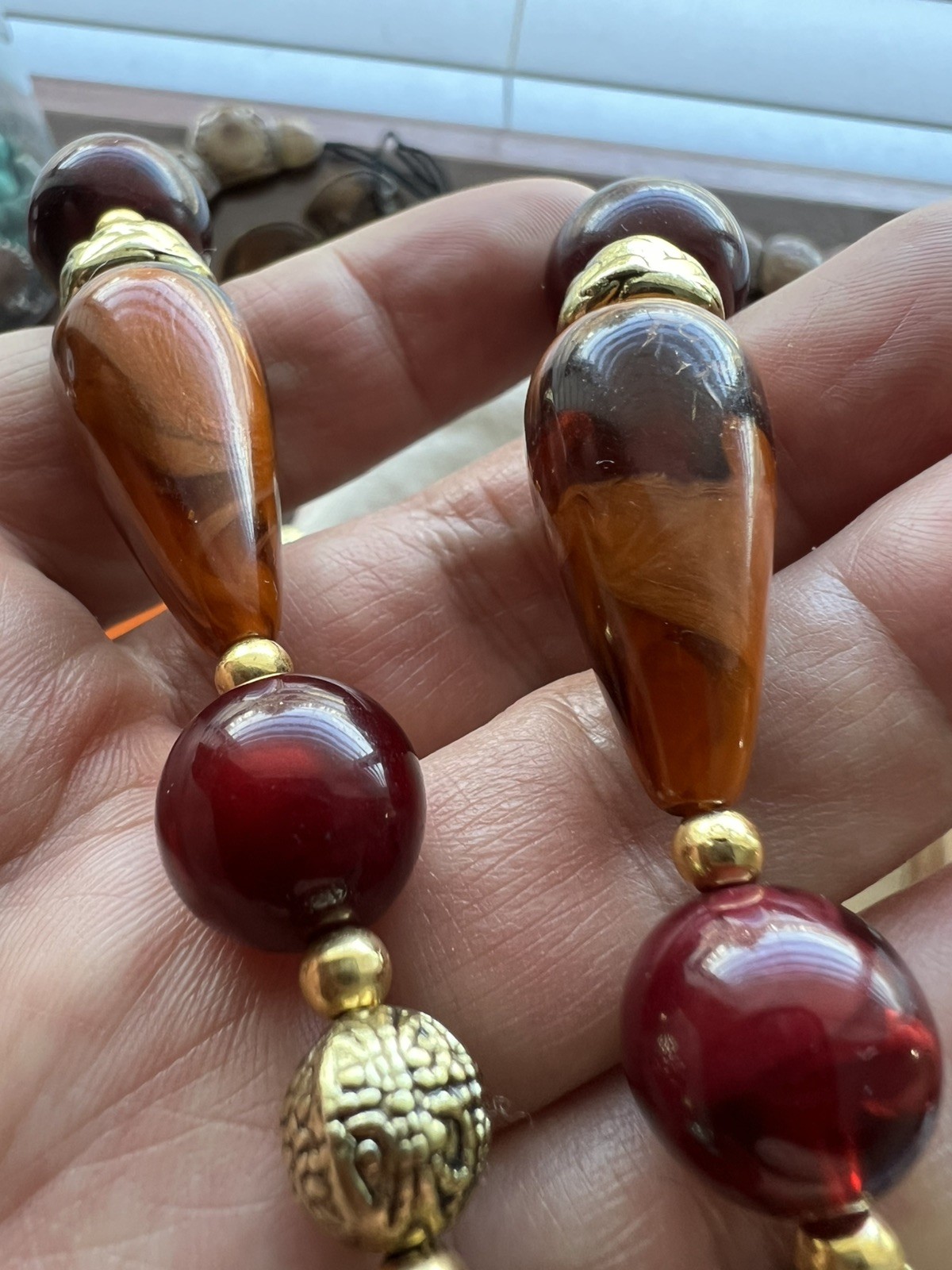 Creamy Blood Amber Gradient Beaded Necklace, 24 inches