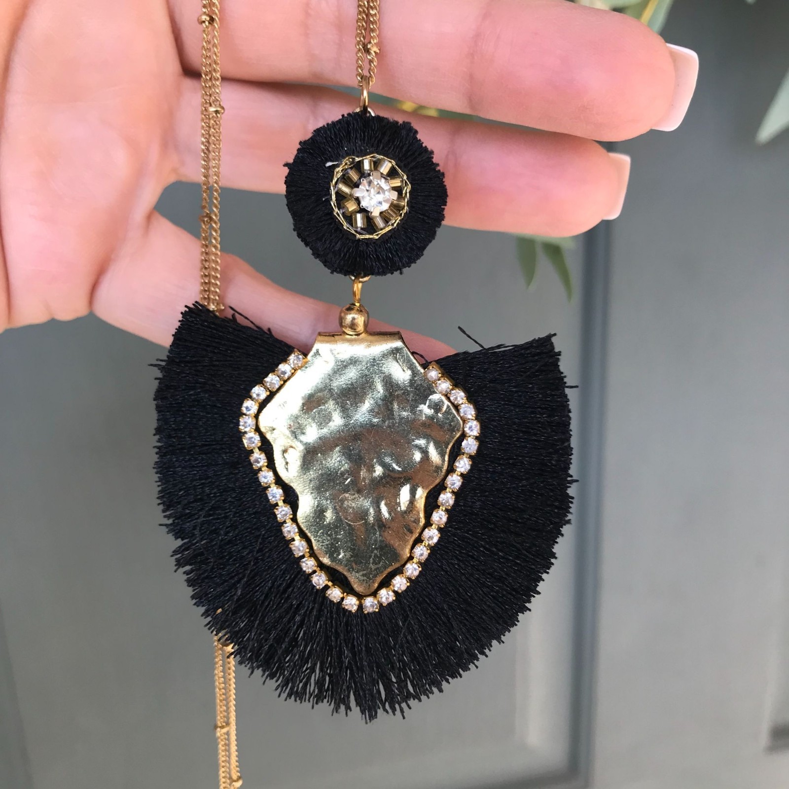 Anthropologie Boho Jewelry Long Statement Necklace Hammered Gold Black Fringe