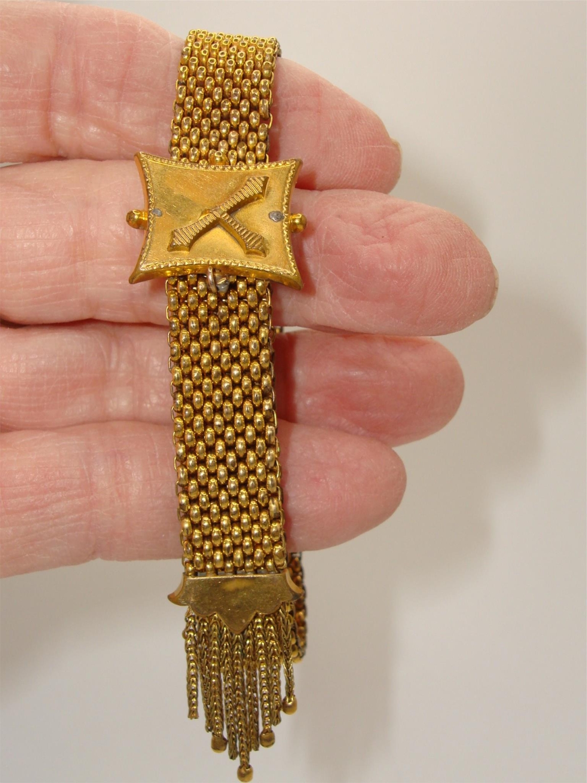 ANTIQUE VICTORIAN PAT. DTD. “NOV. 7.71” MESH SLIDE BRACELET W/FRINGE!