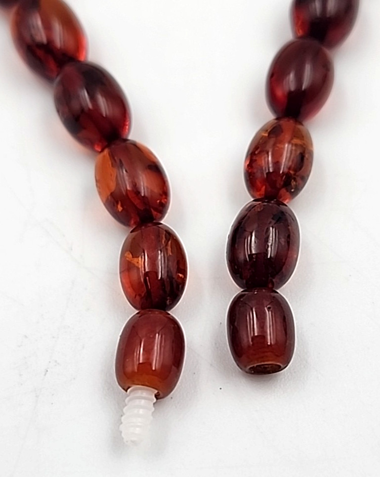 Pressed Amber Oval Bead Necklace Cognac Barrel Clasp 18.5 in Vintage