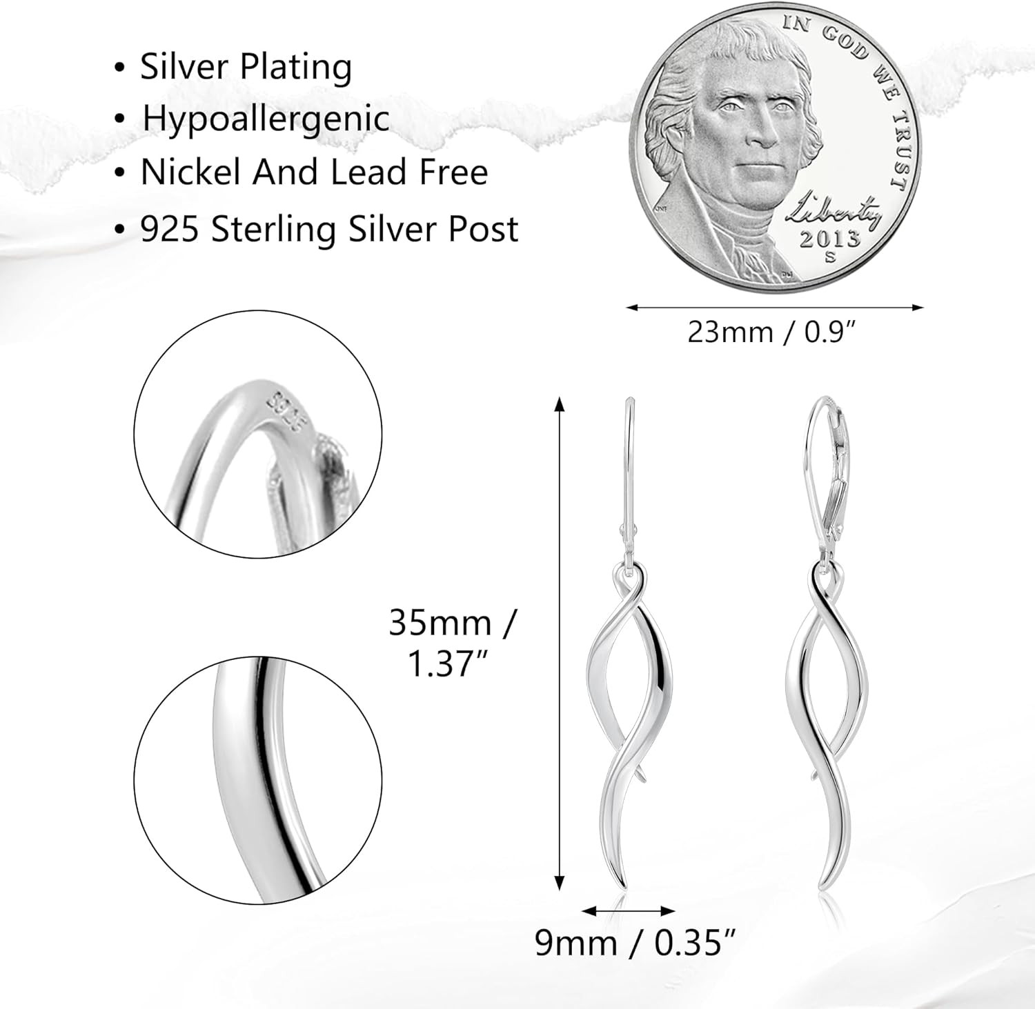 Twisted Silver Dangle Earrings, Hypoallergenic Elegant Lightweight 14K Gold Plat