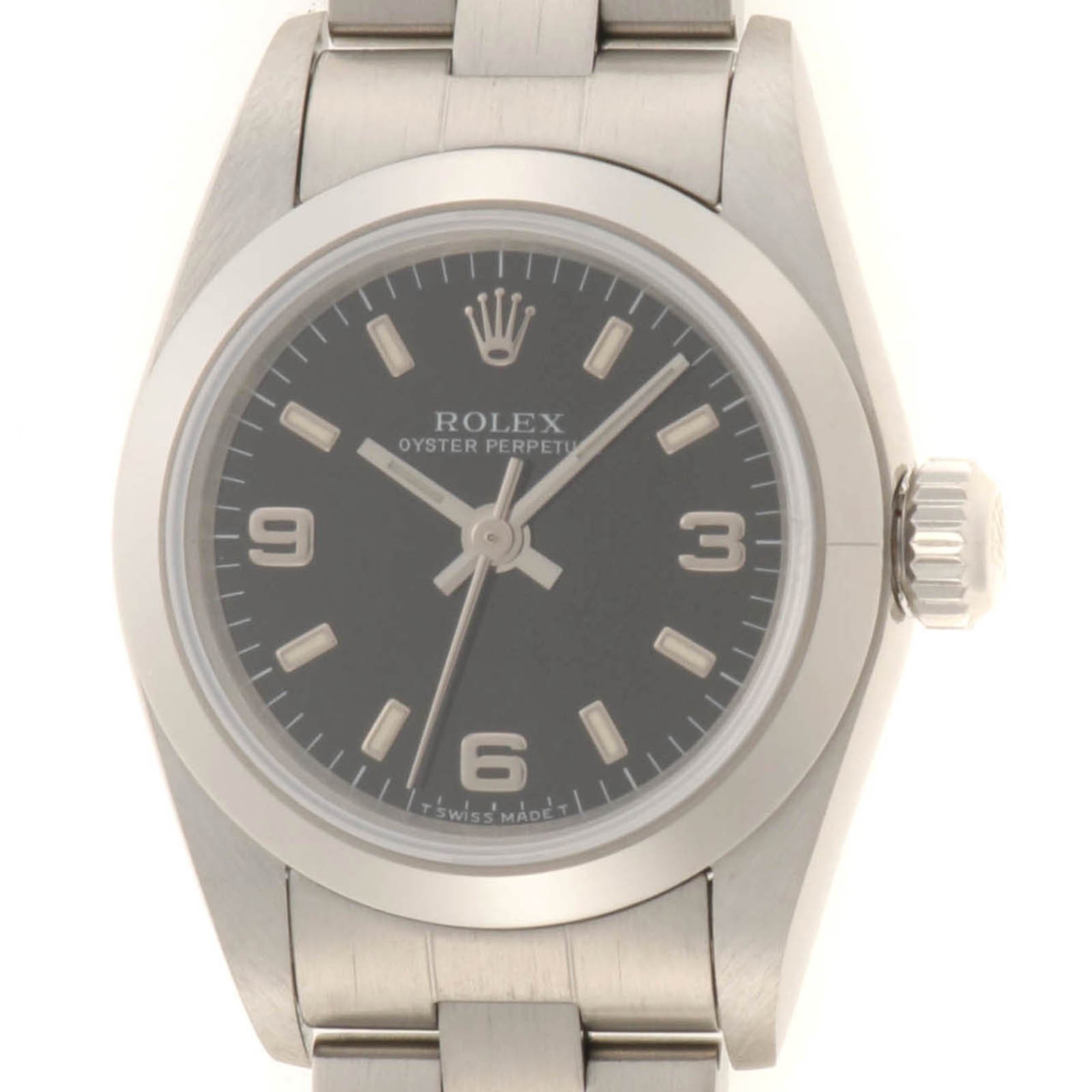 ROLEX 67180 Oyster Perpetual 24Watches Black 369 dial SS Women【472】
