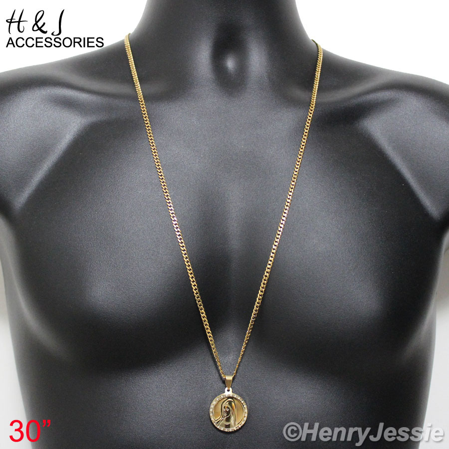 16-32″Stainless Steel 3mm Gold Plated Cuban Curb Chain VIRGIN MARY Pendant*P54