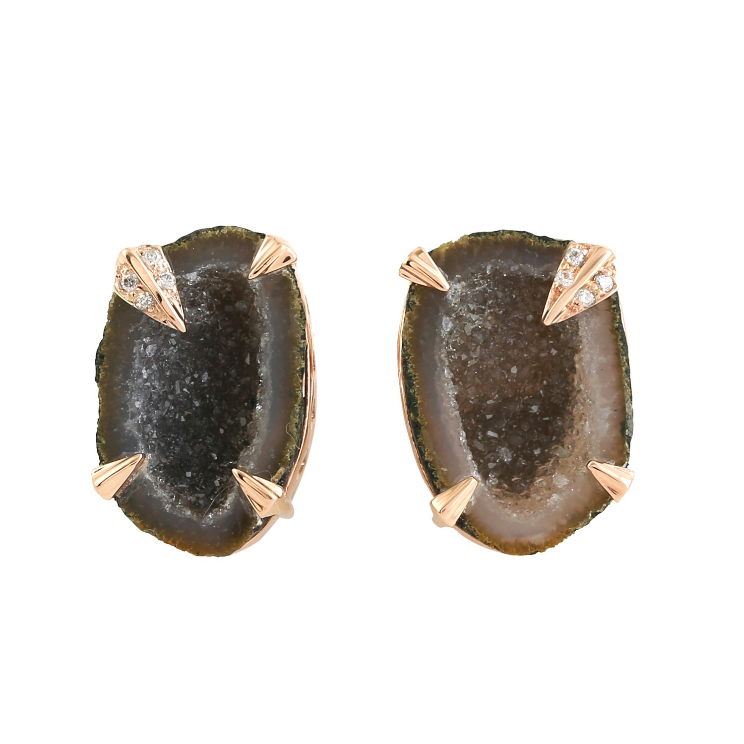 Elegant Druzy Geode Diamond Earrings 18K Rose Gold Women Fine Jewelry Gift