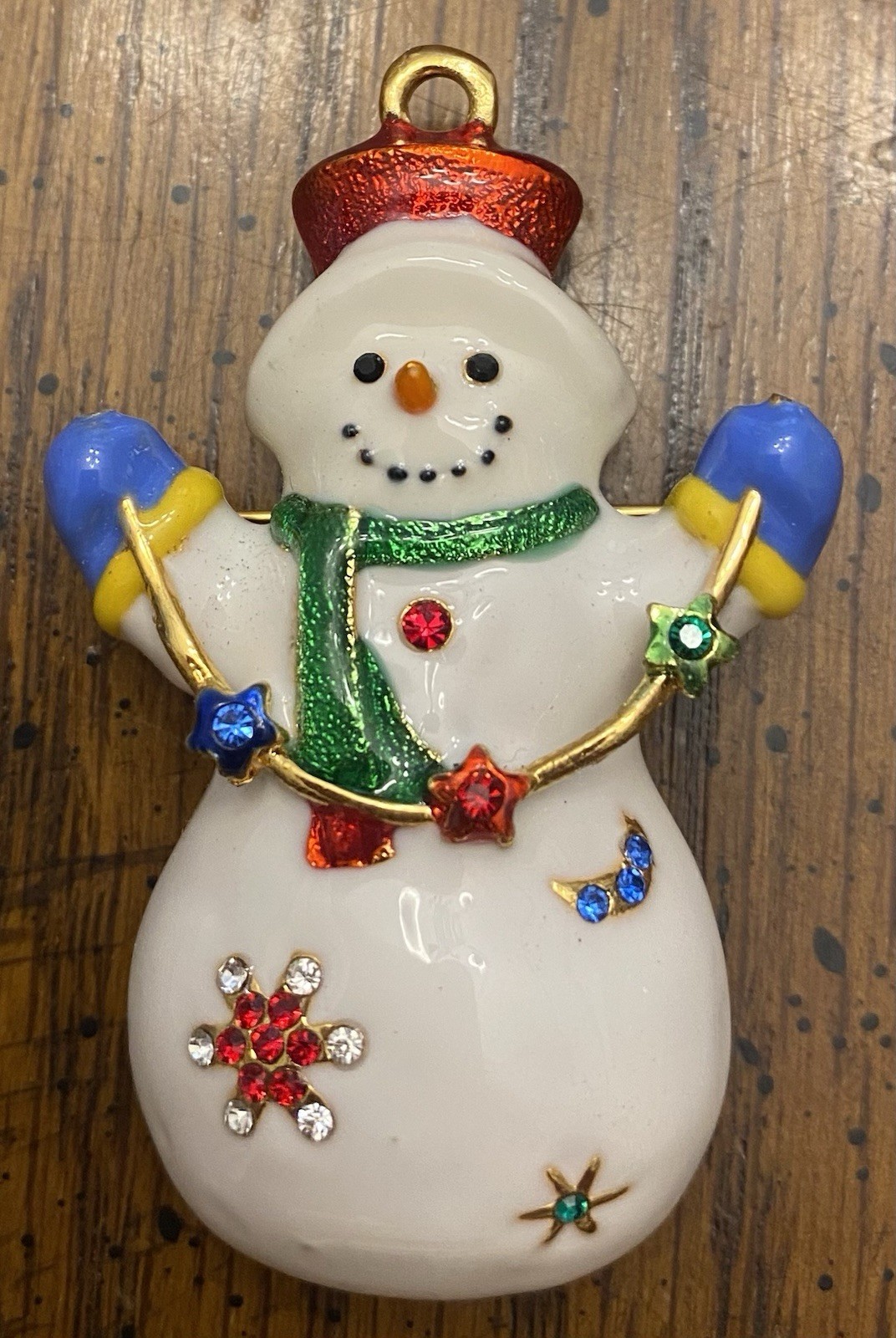 2 1/8” Colorful Enamel Gold Tone Sparkling Snowman Brooch Pin & Pendant