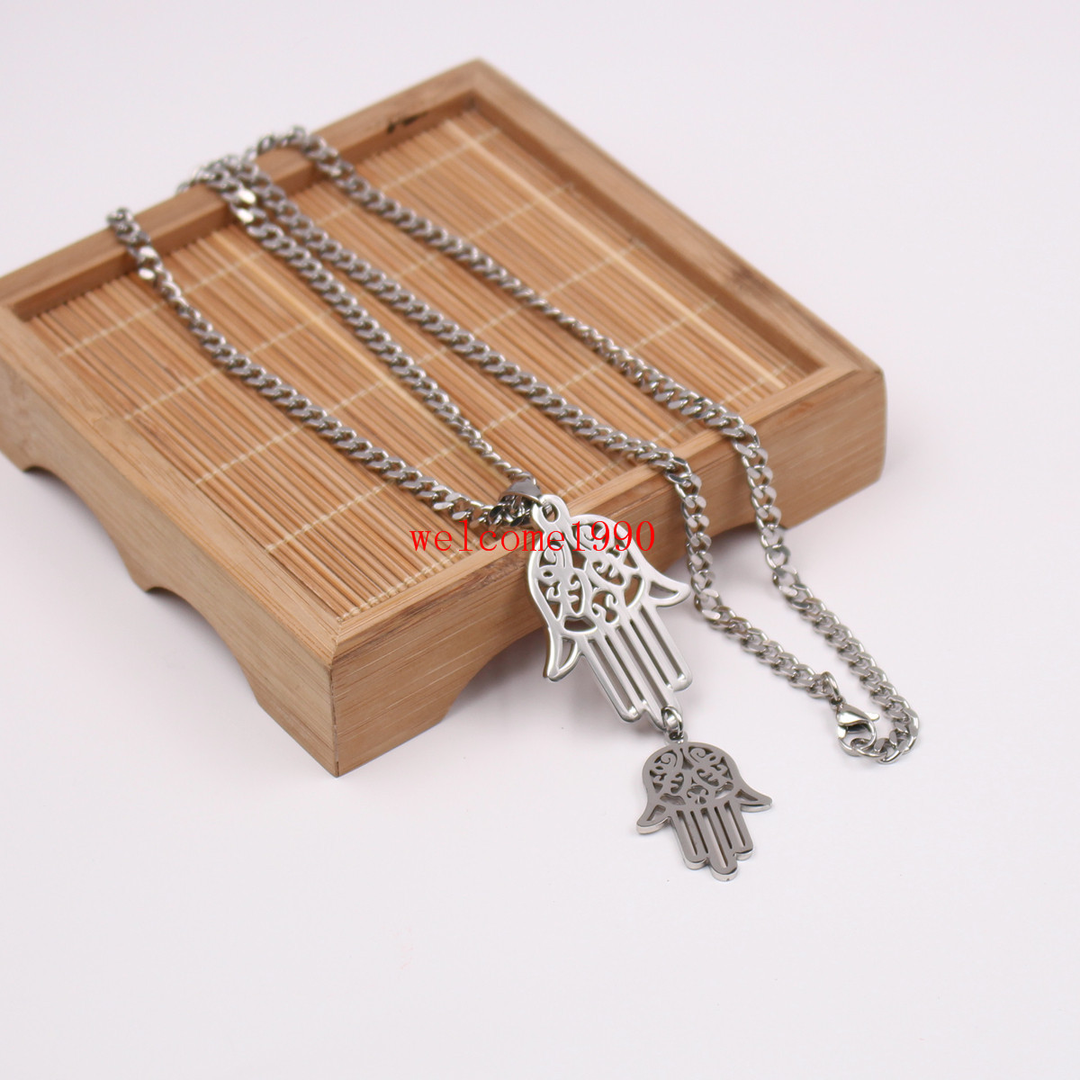 24” Pure Stainless steel Double Open Hamsa Hand Charms Pendant Men’s Necklace