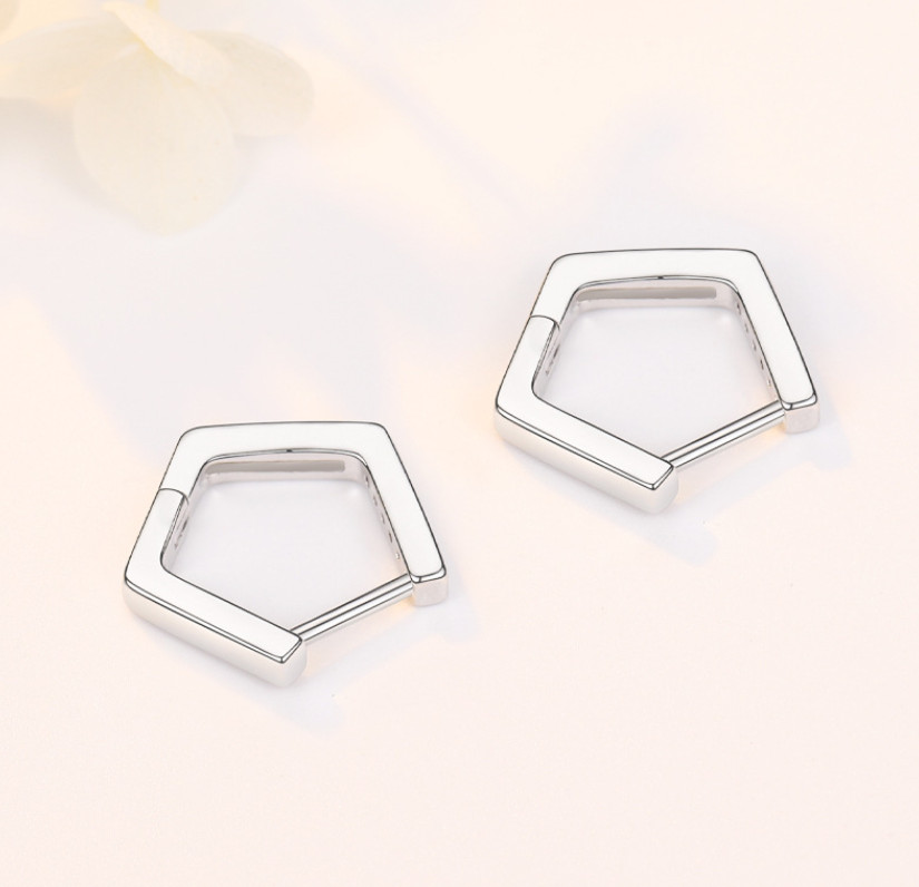 Women 925 Silver Tone Geometric Pentagon CZ Huggie Hoop Earrings 14mm TH1