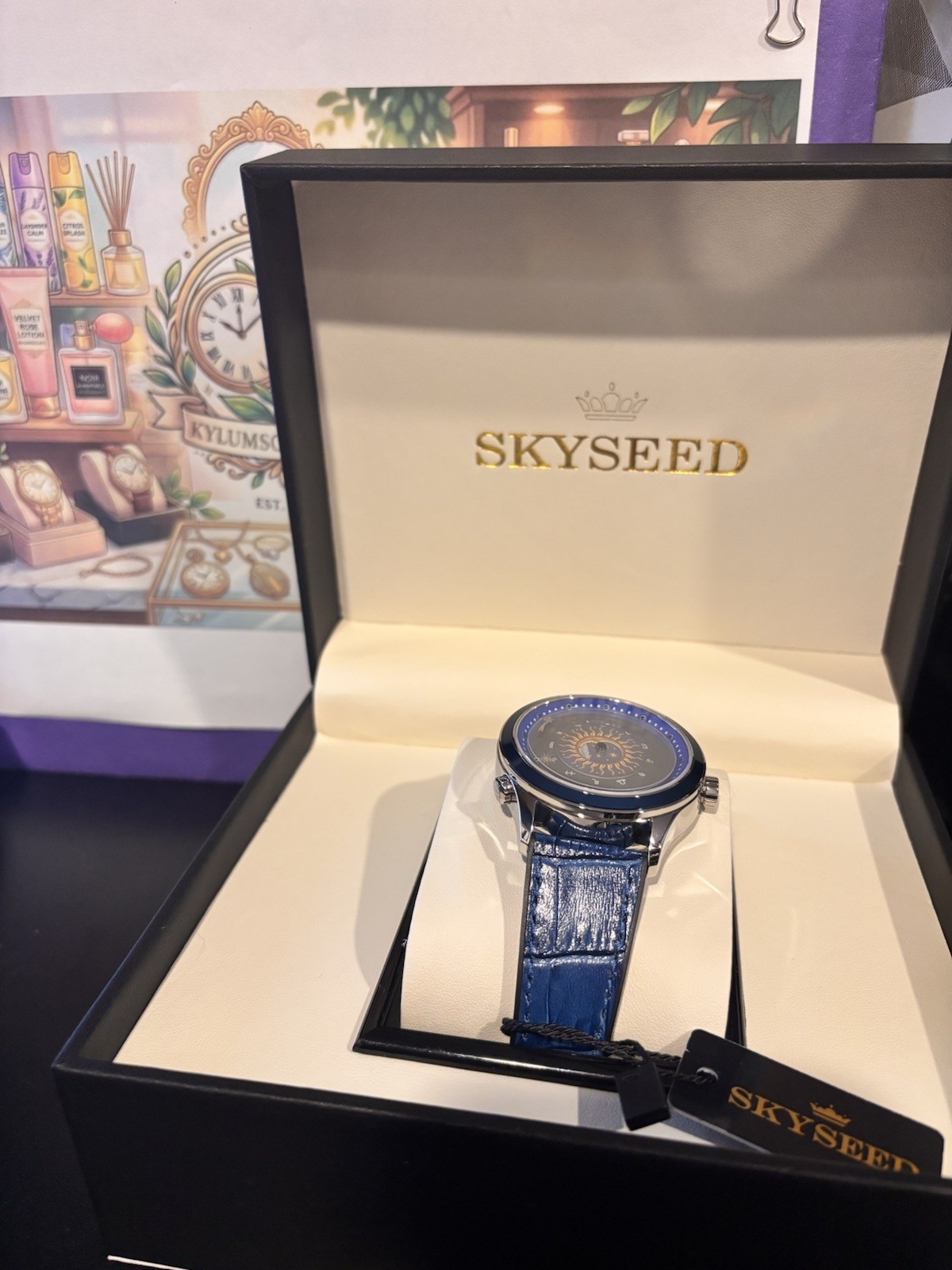 SKYSEED Celestial Blue Automatic Wristwatch, Exhibition Caseback, Leather Band