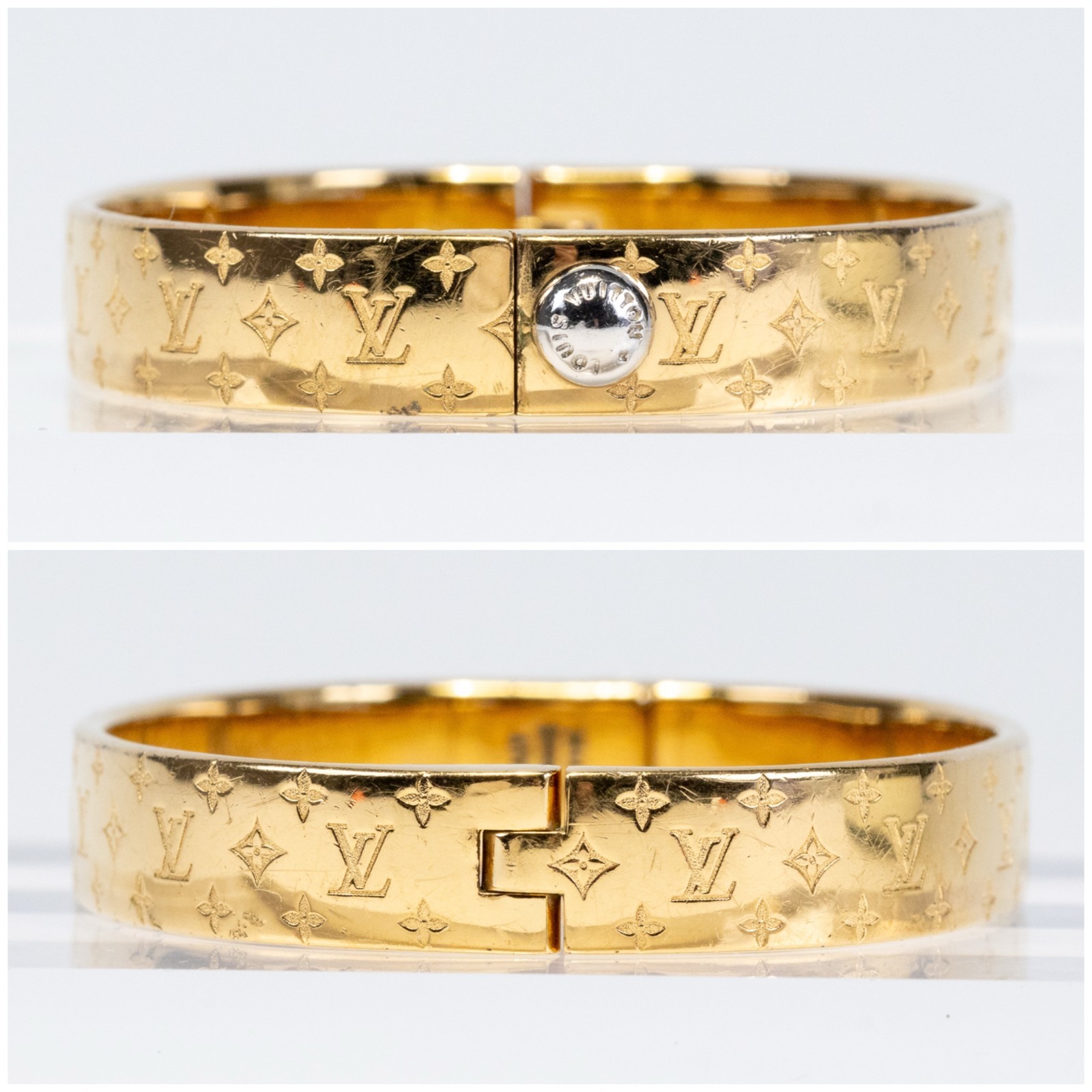 Louis Vuitton LV Nanogram Cuff Bracelet M00252 Bangle Gold Tone Size M Authentic