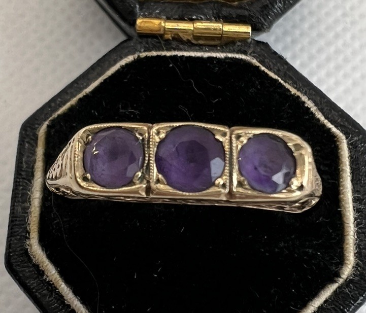 Vintage 9ct Gold Natural Amethyst Trilogy Half Hoop Ring Pierced Gallery; M 1/2