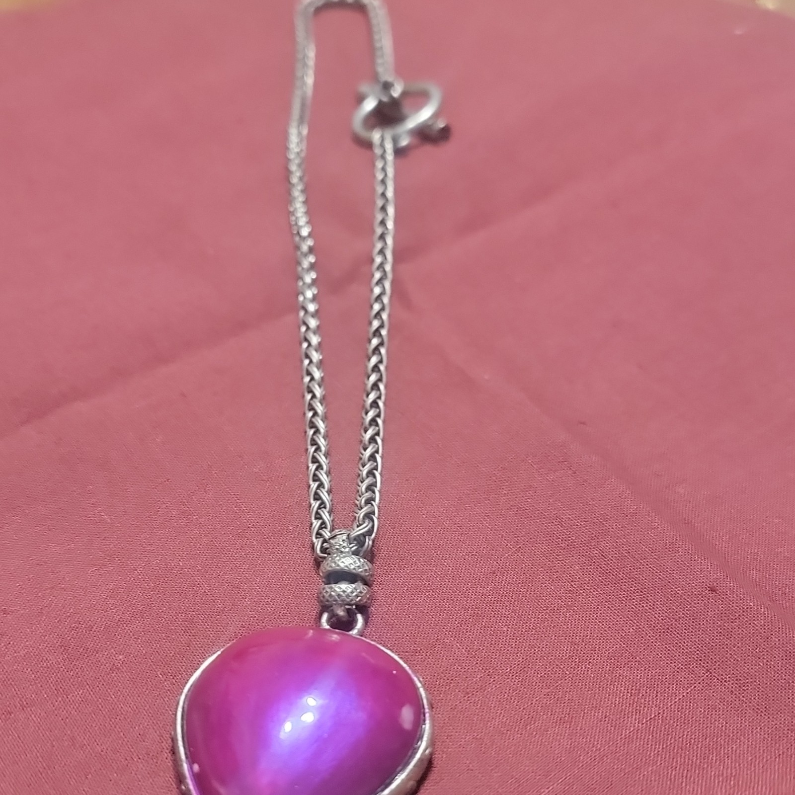 Silver Tone Curb Link Chain Necklace Heart Pendant Purple Stone Lobster Clasp