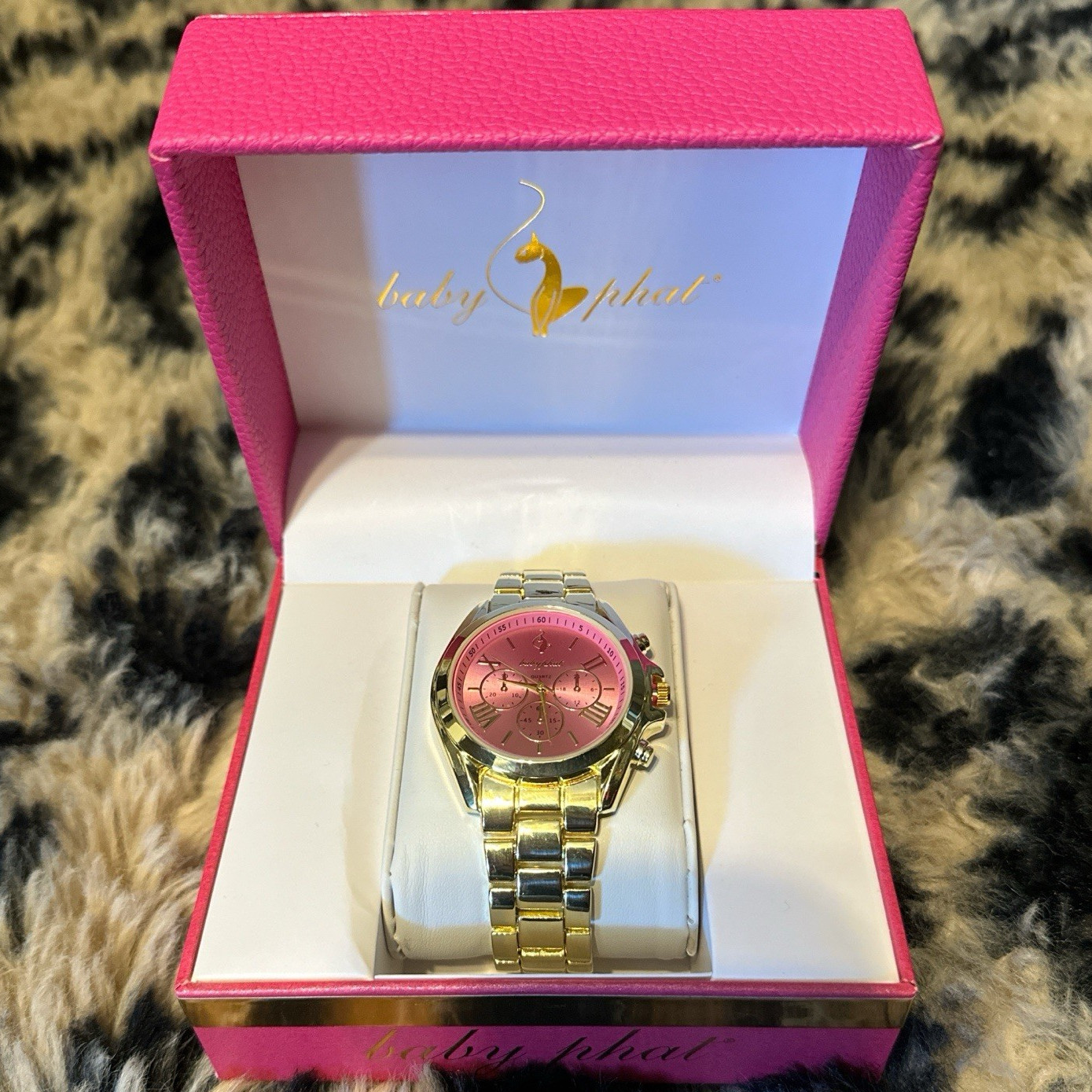 Baby Phat Quartz Chronograph Pink Dial Gold-Tone Metal Bracelet Watch w/ Box