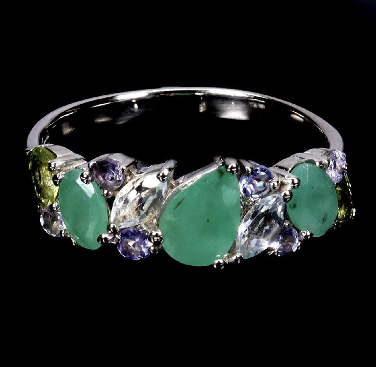 Unique! Natural Emerald, Tanzanite, Aquamarine & Peridot 14K Gold Ring Size 8