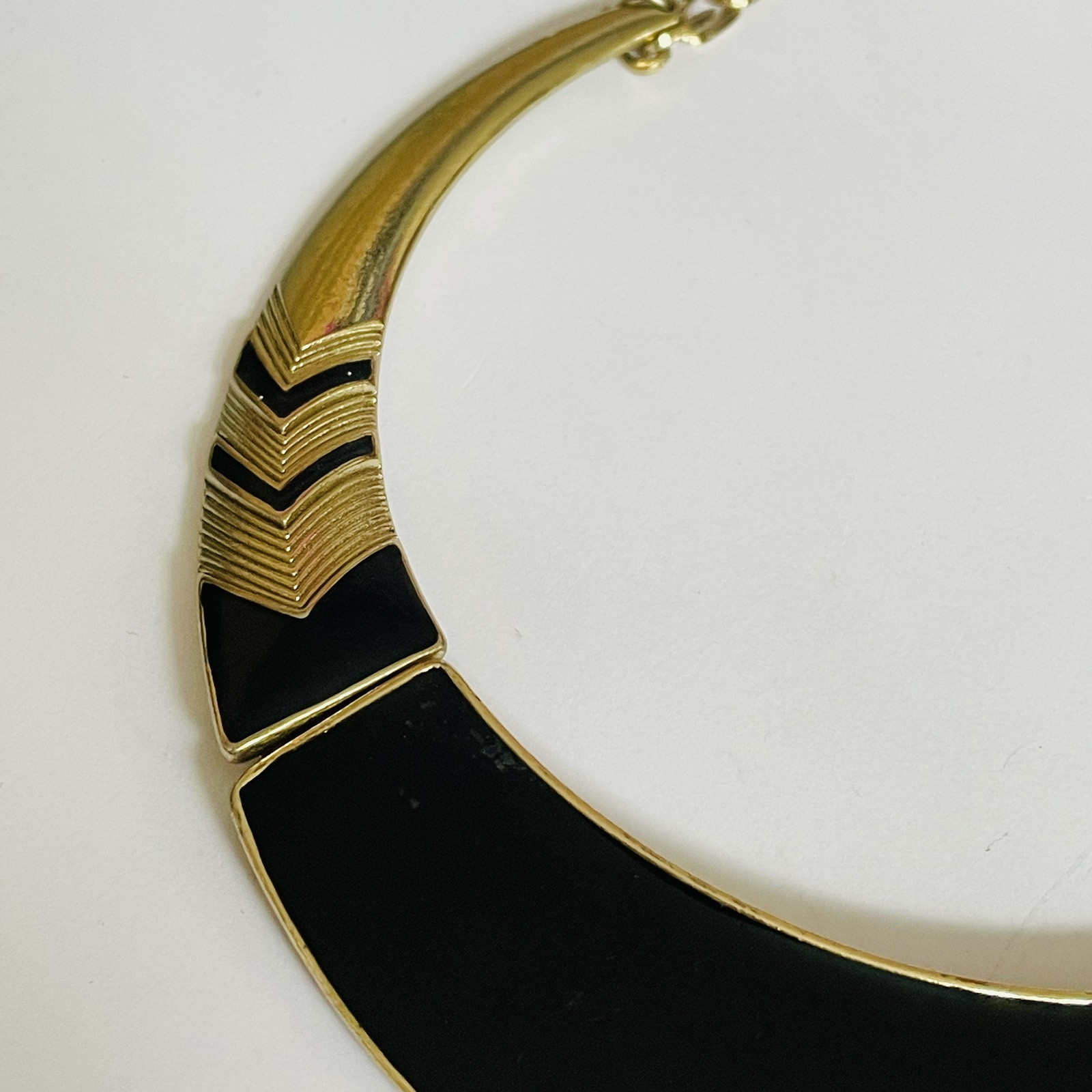 Vtg Black Gold Necklace Enamelled Metal Choker Collar Bib 16 – 18 In Retro 90s