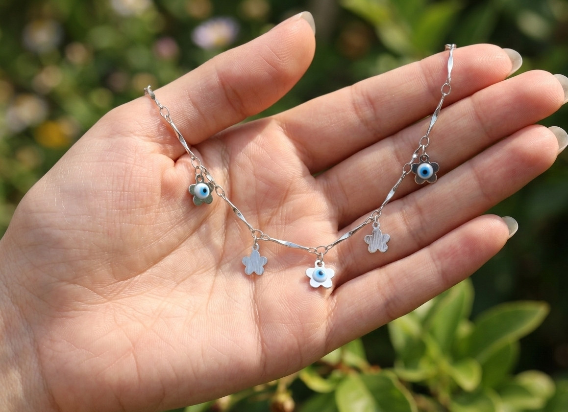 Chic Silver Tone Evil Eye Flower Charm Anklet for Women | Designer 925 Silver