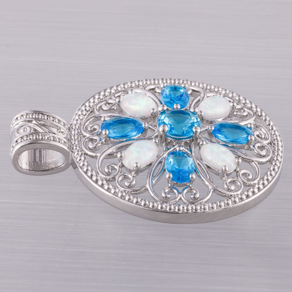Round 4×6 Simulated Blue Topaz White Fire Opal Silver Jewelry Necklace Pendant