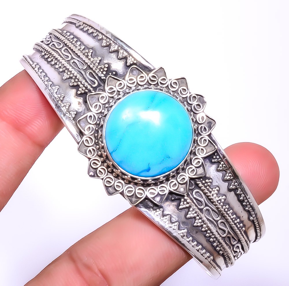 Magnesite Turquoise Gemstone 925 Sterling Silver Handmade Jewelry Cuff Adst. T73