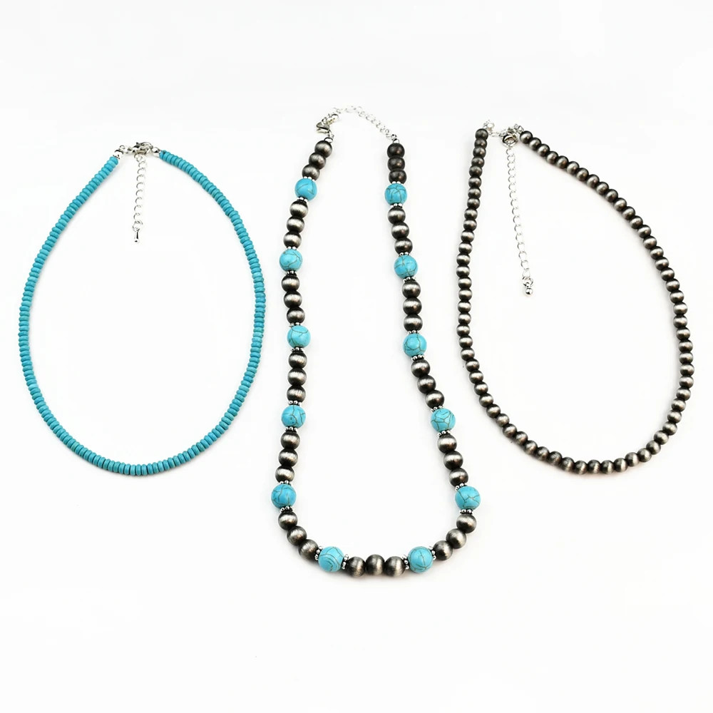 3Pcs Pearl Turquoise Beaded Necklace Set Boho Vintage Choker Women Jewelry