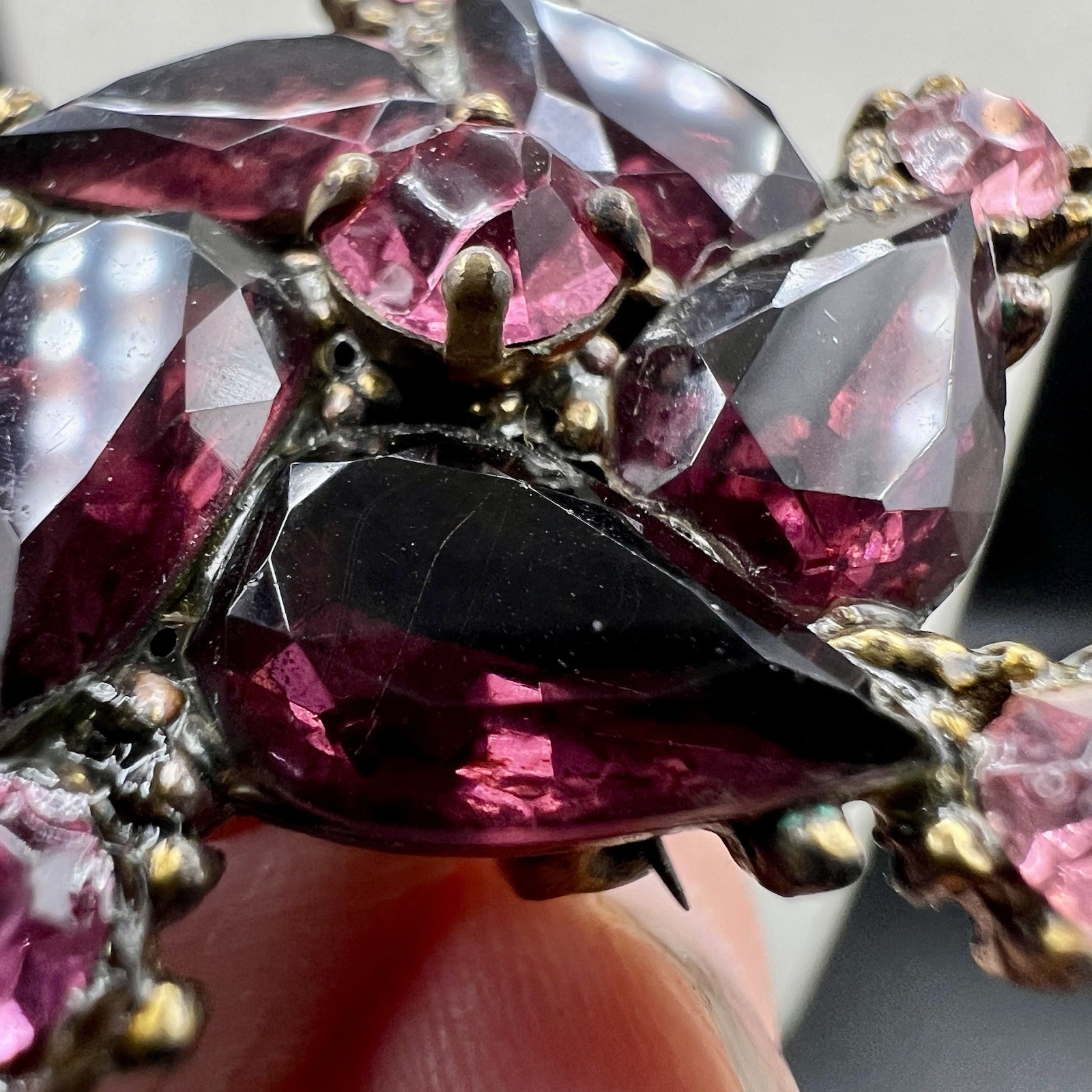 Vintage Plum Purple Navette Rhinestone Floral Statement Brooch Gold Tone