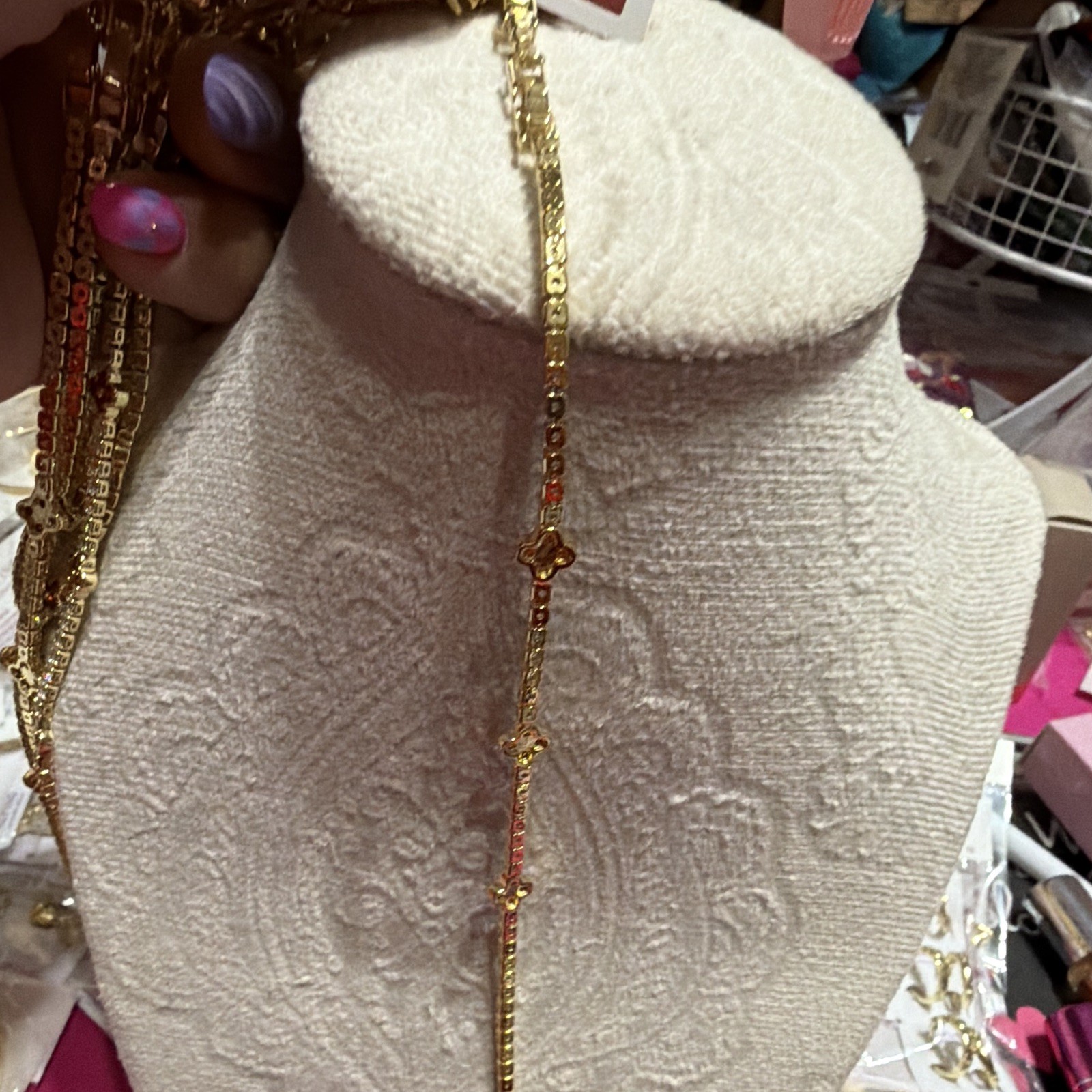 Gold Tone Metal Chain Necklace with Clover Stations Clear Crystal Accents