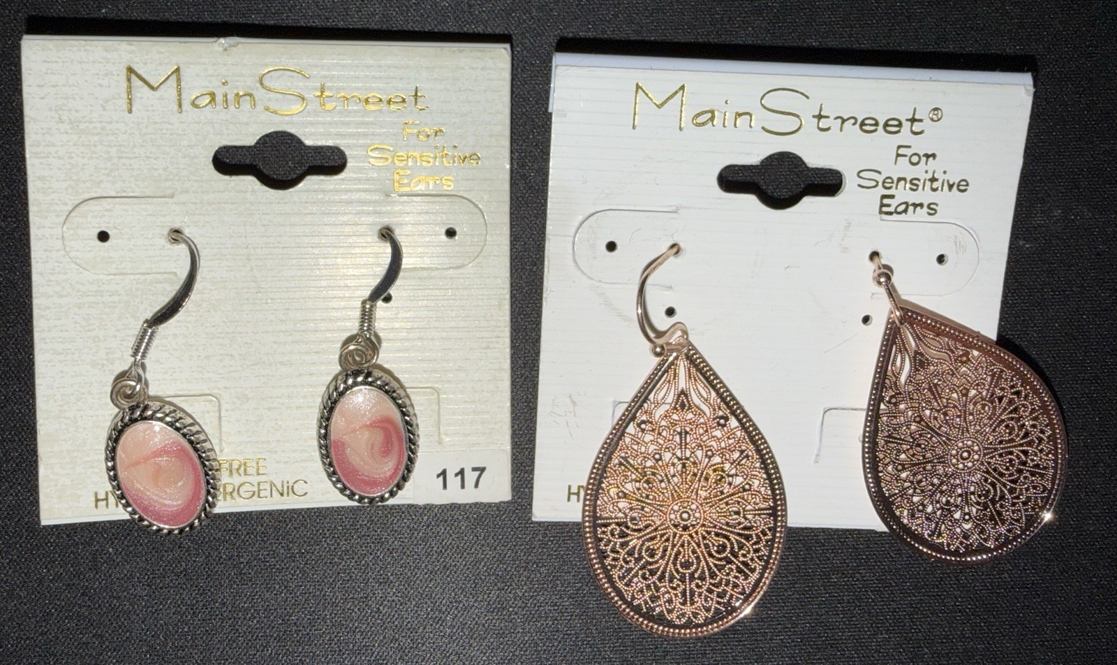 Main Street Hypoallergenic Dangly Earrings 2 Sets New In Package