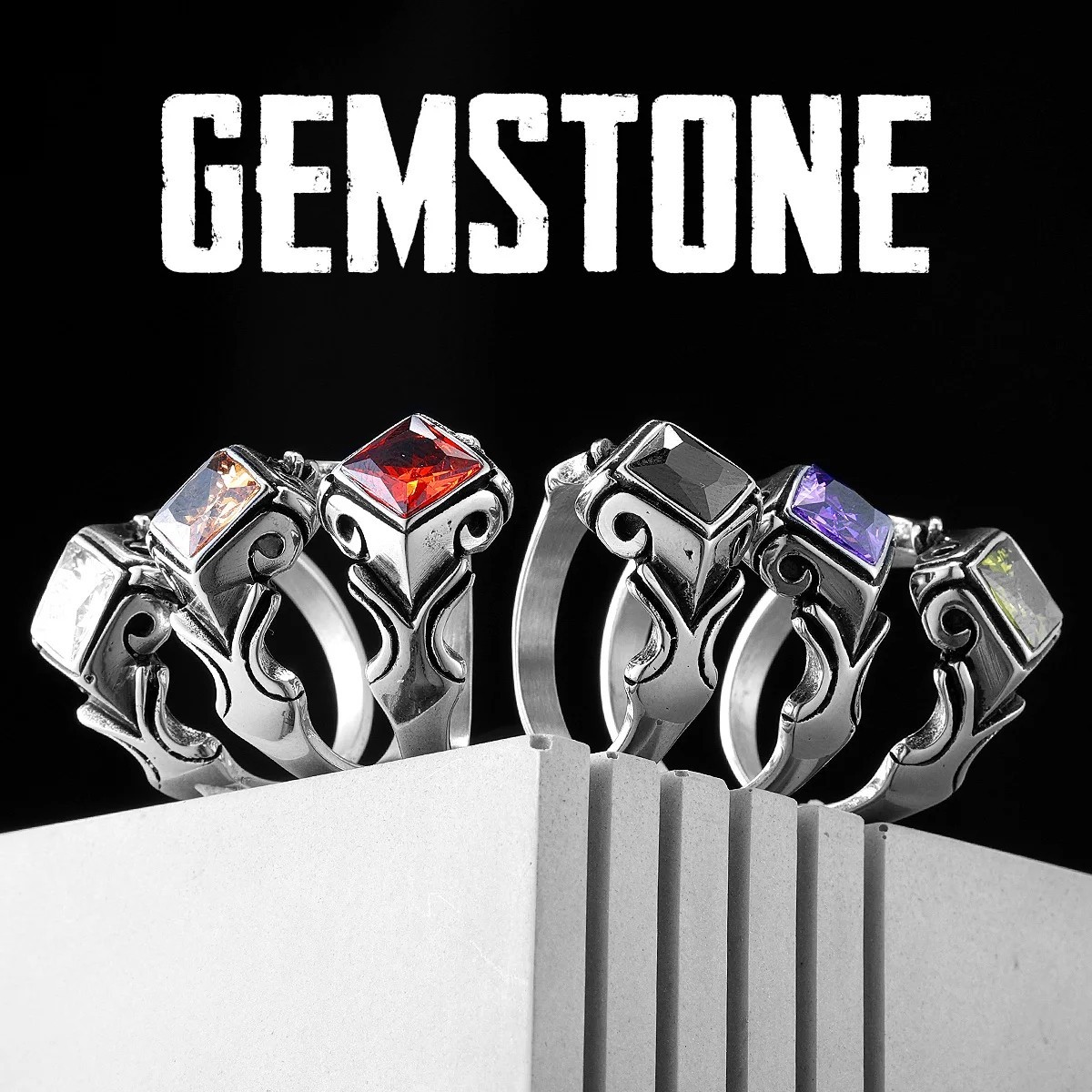 Multi Color Gemstone Unique Stainless Steel Men Rings Punk New In For Male Women