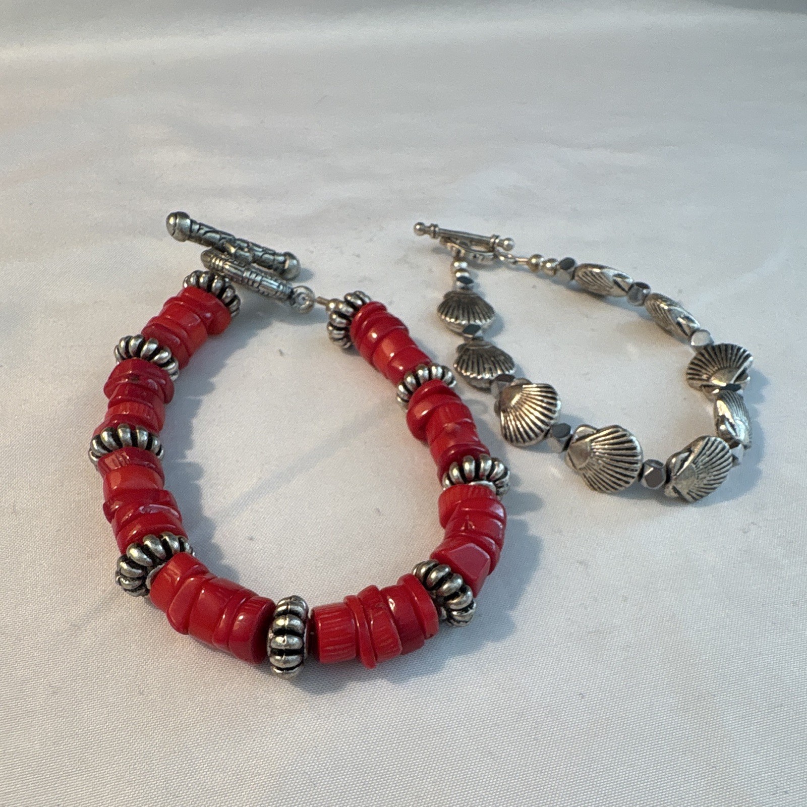 Lot of 2 Toggle Bracelets: Red Beaded & Silver Shell Charm 8-9in DIY supplies!