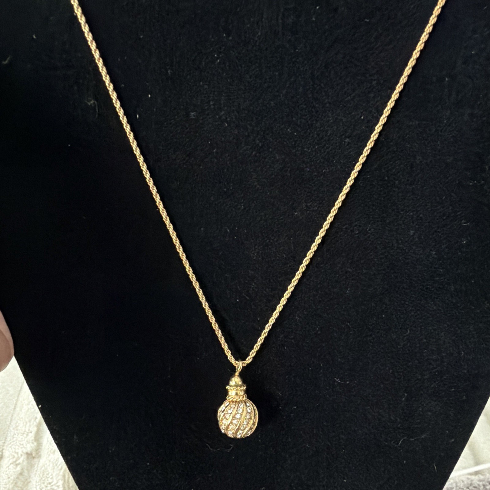 ⁠Vintage Christian Dior Gold Pave Crystal Perfume Bottle Orb Pendant Necklace